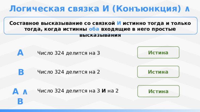 Логическая связка И (Конъюнкция) ∧ Составное высказывание со связкой И истинно тогда и только тогда, когда истинны  оба входящие в него простые высказывания А Истина Число 324 делится на 3 B Число 324 делится на 2 Истина А ∧ B Число 324 делится на 3  И  на 2 Истина 