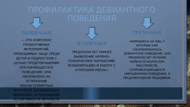 Профилактика девиантного поведения третичная первичная — это комплекс превентивных мероприятий, проводимых чаще среди детей и подростков с целью предотвращения отклоняющегося поведения. Она направлена на устранение неблагоприятных факторов, вызывающих девиацию, и повышение устойчивости личности к влиянию этих факторов. вторичная направлена на лиц, у которых уже сформировалось девиантное поведение. Она предполагает лечение нервно-психических расстройств, сопровождающихся нарушениями поведения, и предупреждение рецидивов. предполагает раннее выявление нервно-психических нарушений, реабилитацию и работу с «группами риска». 