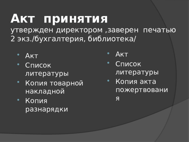 Акт принятия  утвержден директором ,заверен печатью  2 экз./бухгалтерия, библиотека/ Акт Список литературы Копия акта пожертвования Акт Список литературы Копия товарной накладной Копия разнарядки 
