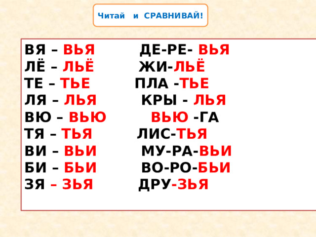 Читай и СРАВНИВАЙ! ВЯ – ВЬЯ ДЕ-РЕ- ВЬЯ  ЛЁ – ЛЬЁ ЖИ- ЛЬЁ ТЕ – ТЬЕ ПЛА - ТЬЕ ЛЯ – ЛЬЯ КРЫ - ЛЬЯ ВЮ – ВЬЮ  ВЬЮ -ГА ТЯ – ТЬЯ ЛИС- ТЬЯ ВИ – ВЬИ МУ-РА- ВЬИ БИ – БЬИ ВО-РО- БЬИ ЗЯ – ЗЬЯ ДРУ -ЗЬЯ  