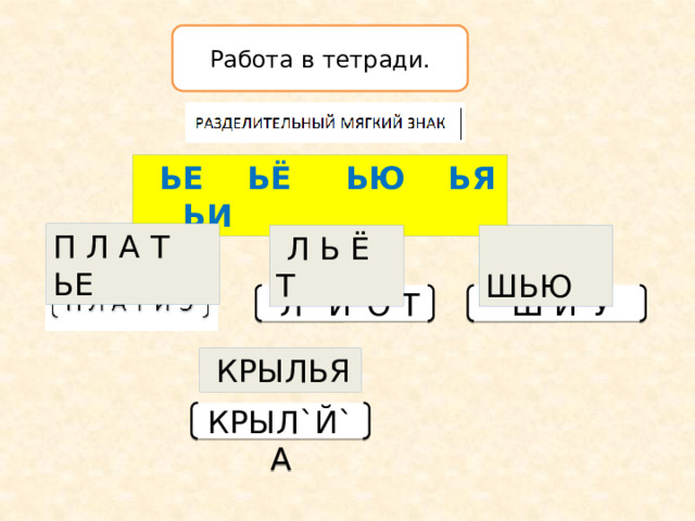 Работа в тетради.  ЬЕ ЬЁ ЬЮ ЬЯ ЬИ П Л А Т ЬЕ  Л Ь Ё Т  ШЬЮ  Л` Й`О Т  Ш Й`У  КРЫЛЬЯ  КРЫЛ`Й`А  