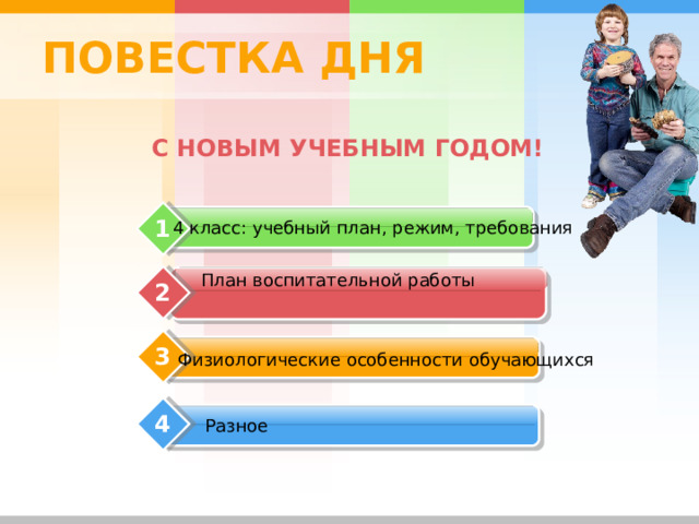 ПОВЕСТКА ДНЯ С НОВЫМ УЧЕБНЫМ ГОДОМ! 1 4 класс: учебный план, режим, требования  План воспитательной работы 2 3 Физиологические особенности обучающихся 4 Разное 