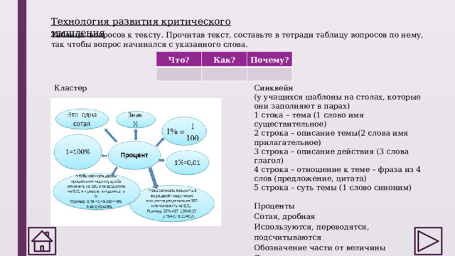 Технология развития критического мышления Таблица вопросов к тексту. Прочитав текст, составьте в тетради таблицу вопросов по нему, так чтобы вопрос начинался с указанного слова. Что? Как?   Почему?     Кластер Синквейн  (у учащихся шаблоны на столах, которые они заполняют в парах)  1 стока – тема (1 слово имя существительное)  2 строка – описание темы(2 слова имя прилагательное)  3 строка – описание действия (3 слова глагол)  4 строка – отношение к теме – фраза из 4 слов (предложение, цитата)  5 строка – суть темы (1 слово синоним)   Проценты Сотая, дробная  Используются, переводятся, подсчитываются  Обозначение части от величины  Доля 