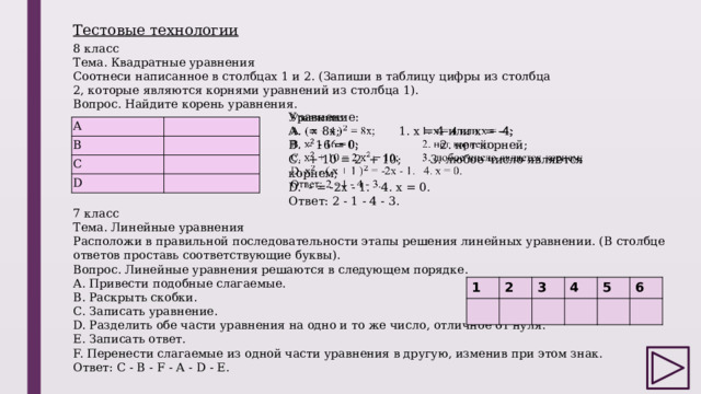 Тестовые технологии 8 класс Тема. Квадратные уравнения Соотнеси написанное в столбцах 1 и 2. (Запиши в таблицу цифры из столбца 2, которые являются корнями уравнений из столбца 1). Вопрос. Найдите корень уравнения. Уравнение:   А. = 8х; 1. х = 4 или х = -4; В. - 16 = 0; 2. нет корней; С. + 10 = 2  + 10; 3. любое число является корнем; D. - = -2х - 1. 4. х = 0. Ответ: 2 - 1 - 4 - 3. А   В   С   D   7 класс Тема. Линейные уравнения Расположи в правильной последовательности этапы решения линейных уравнении. (В столбце ответов проставь соответствующие буквы). Вопрос. Линейные уравнения решаются в следующем порядке. А. Привести подобные слагаемые. В. Раскрыть скобки. С. Записать уравнение. D. Разделить обе части уравнения на одно и то же число, отличное от нуля. Е. Записать ответ. F. Перенести слагаемые из одной части уравнения в другую, изменив при этом знак. Ответ: С - В - F - А - D - Е. 1 2 3 4 5 6 