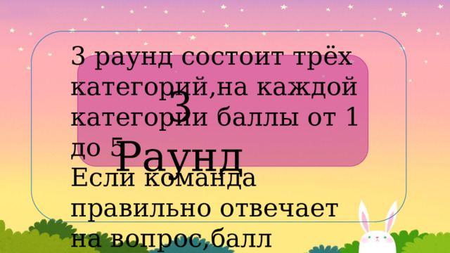 3 раунд состоит трёх категорий,на каждой категории баллы от 1 до 5  Если команда правильно отвечает на вопрос,балл засчитываешься  3 Раунд 