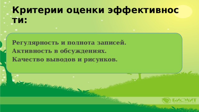 Критерии оценки эффективности: Регулярность и полнота записей. Активность в обсуждениях. Качество выводов и рисунков. 
