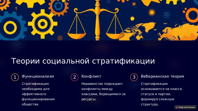  Теории социальной стратификации Функционализм Конфликт Веберианская теория 1 2 3 Стратификация необходима для эффективного функционирования общества. Неравенство порождает конфликты между классами, борющимися за ресурсы. Стратификация основывается на классе, статусе и партии, формируя сложную структуру. 