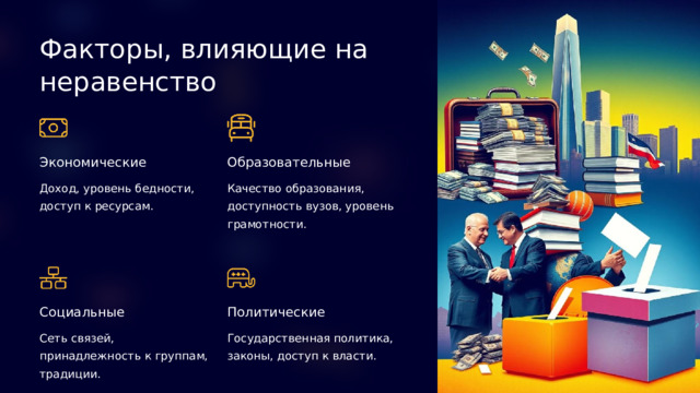  Факторы, влияющие на неравенство Экономические Образовательные Доход, уровень бедности, доступ к ресурсам. Качество образования, доступность вузов, уровень грамотности. Социальные Политические Сеть связей, принадлежность к группам, традиции. Государственная политика, законы, доступ к власти. 