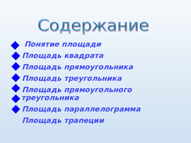         Понятие площади Площадь квадрата Площадь прямоугольника Площадь треугольника Площадь прямоугольного треугольника Площадь параллелограмма Площадь трапеции      