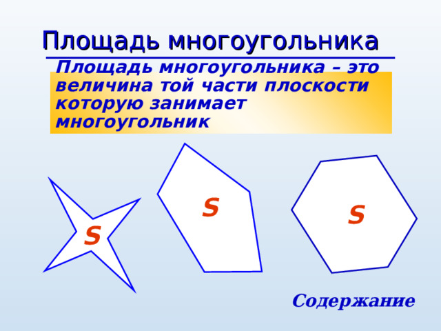  S S S Площадь многоугольника Площадь многоугольника – это величина той части плоскости  которую занимает многоугольник  Содержание 