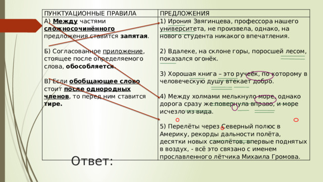 ПУНКТУАЦИОННЫЕ ПРАВИЛА ПРЕДЛОЖЕНИЯ А)  Между  частями  сложносочинённого  предложения ставится запятая . 1) Ирония Звягинцева, профессора нашего университета, не произвела, однако, на нового студента никакого впечатления.     Б) Согласованное приложение , стоящее после определяемого слова, обособляется.   2) Вдалеке, на склоне горы, поросшей лесом, показался огонёк. В) Если обобщающее слово стоит после  однородных членов , то перед ним ставится тире.   3) Хорошая книга – это ручеёк, по которому в человеческую душу втекает добро.   4) Между холмами мелькнуло море, однако дорога сразу же повернула вправо, и море исчезло из вида.   5) Перелёты через Северный полюс в Америку, рекорды дальности полёта, десятки новых самолётов, впервые поднятых в воздух, - всё это связано с именем прославленного лётчика Михаила Громова. Ответ: 