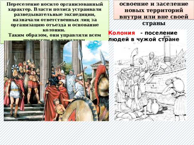 Переселение носило организованный характер. Власти полиса устраивали разведывательные экспедиции, назначали ответственных лиц за организацию отъезда и основание колонии. Колонизация  — освоение и заселение новых территорий внутри или вне своей страны Таким образом, они управляли всем процессом колонизации. Колония - поселение людей в чужой стране  