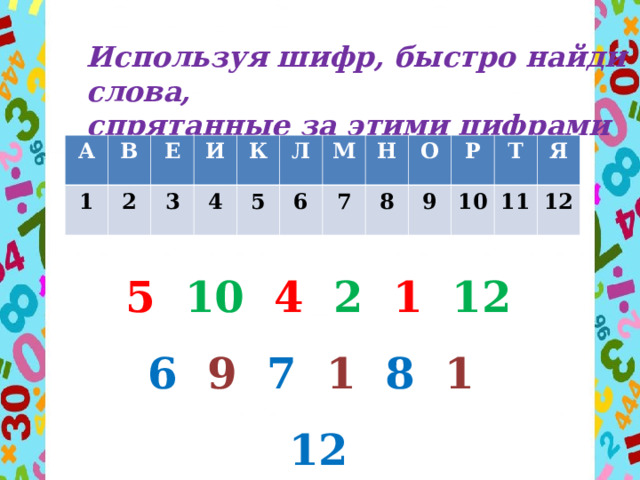 Используя шифр, быстро найди слова, спрятанные за этими цифрами   А 1 В 2 Е И 3 4 К 5 Л 6 М 7 Н 8 О Р 9 10 Т Я 11 12 5  10  4  2  1  12 6  9  7  1  8  1  12 5 4 6 9 7 3 11 10 