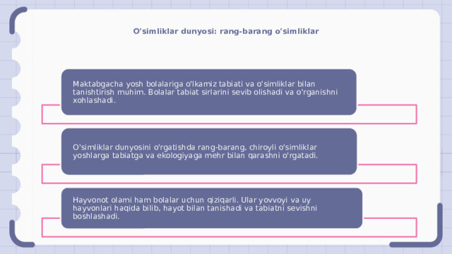 O'simliklar dunyosi: rang-barang o'simliklar Maktabgacha yosh bolalariga o'lkamiz tabiati va o'simliklar bilan tanishtirish muhim. Bolalar tabiat sirlarini sevib olishadi va o'rganishni xohlashadi. O'simliklar dunyosini o'rgatishda rang-barang, chiroyli o'simliklar yoshlarga tabiatga va ekologiyaga mehr bilan qarashni o'rgatadi. Hayvonot olami ham bolalar uchun qiziqarli. Ular yovvoyi va uy hayvonlari haqida bilib, hayot bilan tanishadi va tabiatni sevishni boshlashadi. 