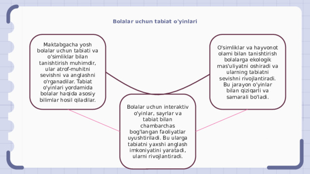 Bolalar uchun tabiat o'yinlari Maktabgacha yosh bolalar uchun tabiati va o'simliklar bilan tanishtirish muhimdir, ular atrof-muhitni sevishni va anglashni o'rganadilar. Tabiat o'yinlari yordamida bolalar haqida asosiy bilimlar hosil qiladilar. O'simliklar va hayvonot olami bilan tanishtirish bolalarga ekologik mas'uliyatni oshiradi va ularning tabiatni sevishni rivojlantiradi. Bu jarayon o'yinlar bilan qiziqarli va samarali bo'ladi. Bolalar uchun interaktiv o'yinlar, sayrlar va tabiat bilan chambarchas bog'langan faoliyatlar uyushtiriladi. Bu ularga tabiatni yaxshi anglash imkoniyatini yaratadi, ularni rivojlantiradi. 