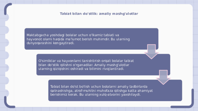 Tabiat bilan do'stlik: amaliy mashg'ulotlar Maktabgacha yoshdagi bolalar uchun o'lkamiz tabiati va hayvonot olami haqida ma'lumot berish muhimdir. Bu ularning dunyoqarashini kengaytiradi. O'simliklar va hayvonlarni tanishtirish orqali bolalar tabiat bilan do'stlik qilishni o'rganadilar. Amaliy mashg'ulotlar ularning qiziqishini oshiradi va bilimini rivojlantiradi. Tabiat bilan do'st bo'lish uchun bolalarni amaliy tadbirlarda qatnashishga, atrof-muhitni muhofaza qilishga katta ahamiyat berishimiz kerak. Bu ularning xulq-atvorini yaxshilaydi. 