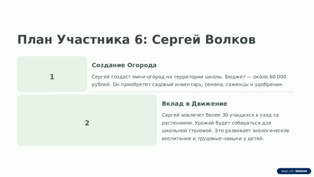 План Участника 6: Сергей Волков Создание Огорода 1 Сергей создаст мини-огород на территории школы. Бюджет — около 60 000 рублей. Он приобретет садовый инвентарь, семена, саженцы и удобрения. Вклад в Движение Сергей вовлечет более 30 учащихся в уход за растениями. Урожай будет собираться для школьной столовой. Это развивает экологическое воспитание и трудовые навыки у детей. 2  