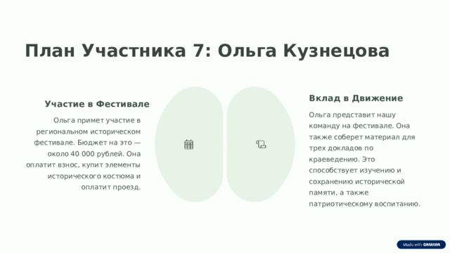 План Участника 7: Ольга Кузнецова Вклад в Движение Участие в Фестивале Ольга представит нашу команду на фестивале. Она также соберет материал для трех докладов по краеведению. Это способствует изучению и сохранению исторической памяти, а также патриотическому воспитанию. Ольга примет участие в региональном историческом фестивале. Бюджет на это — около 40 000 рублей. Она оплатит взнос, купит элементы исторического костюма и оплатит проезд.  