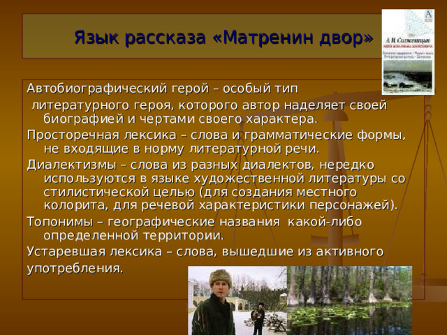 Язык рассказа «Матренин двор» Автобиографический герой – особый тип  литературного героя, которого автор наделяет своей биографией и чертами своего характера. Просторечная лексика – слова и грамматические формы, не входящие в норму литературной речи. Диалектизмы – слова из разных диалектов, нередко используются в языке художественной литературы со стилистической целью (для создания местного колорита, для речевой характеристики персонажей). Топонимы – географические названия какой-либо определенной территории. Устаревшая лексика – слова, вышедшие из активного употребления. 