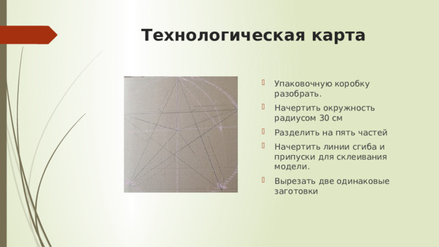Технологическая карта Упаковочную коробку разобрать. Начертить окружность радиусом 30 см Разделить на пять частей Начертить линии сгиба и припуски для склеивания модели. Вырезать две одинаковые заготовки 