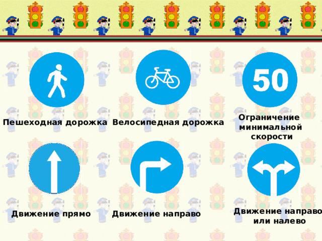 Ограничение минимальной  скорости Пешеходная дорожка Велосипедная дорожка Движение направо  или налево Движение прямо Движение направо 