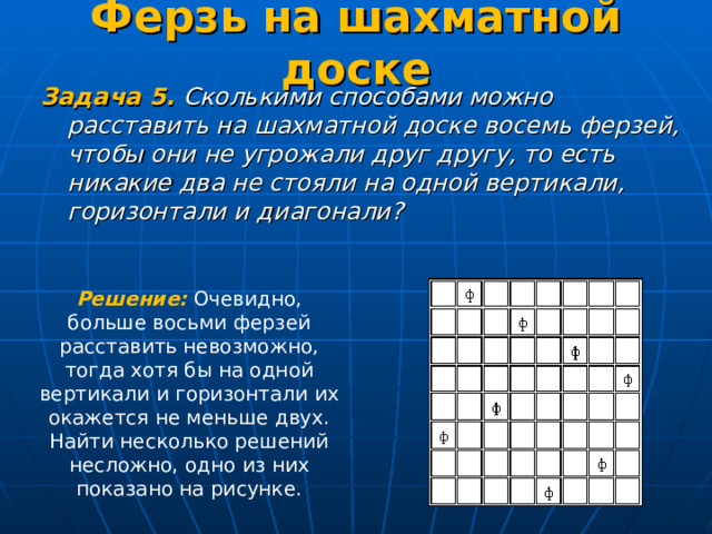 Ферзь на шахматной доске   Задача 5. Сколькими способами можно расставить на шахматной доске восемь ферзей, чтобы они не угрожали друг другу, то есть никакие два не стояли на одной вертикали, горизонтали и диагонали?   Решение: Очевидно, больше восьми ферзей расставить невозможно, тогда хотя бы на одной вертикали и горизонтали их окажется не меньше двух. Найти несколько решений несложно, одно из них показано на рисунке. 