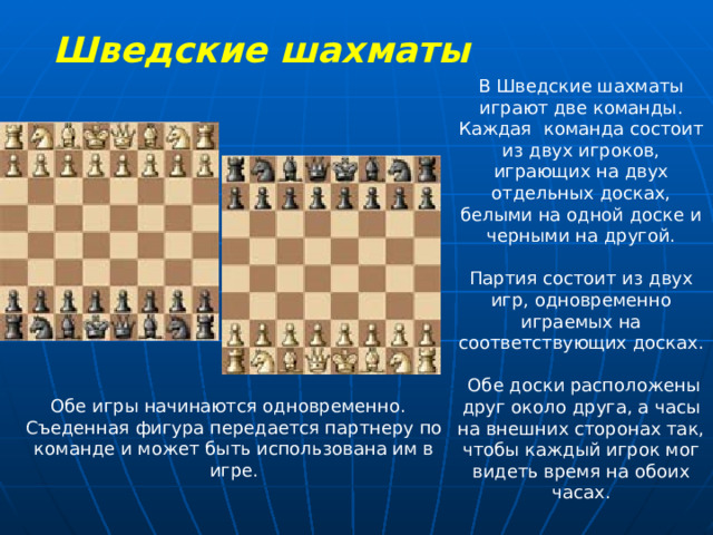Шведские шахматы В Шведские шахматы играют две команды. Каждая  команда состоит из двух игроков, играющих на двух отдельных досках, белыми на одной доске и черными на другой.   Партия состоит из двух игр, одновременно играемых на соответствующих досках.    Обе доски расположены друг около друга, а часы на внешних сторонах так, чтобы каждый игрок мог видеть время на обоих часах.            Обе игры начинаются одновременно.   Съеденная фигура передается партнеру по команде и может быть использована им в игре.   