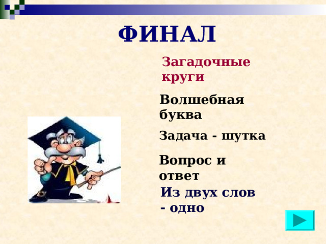 ФИНАЛ Загадочные круги Волшебная буква Задача - шутка Вопрос и ответ Из двух слов - одно 