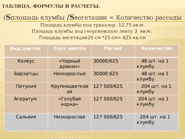 Таблица, формулы и расчеты. ( S площадь клумбы /S вегетации = Количество рассады Площадь клумбы под триколор 12,75 кв.м. Площадь клумбы под георгиевскую ленту 3 кв.м. Площадь вегетации25 см *25 см= 625 кв.см Вид цветов  Сорт цветов Колеус  «Черный дракон» Расчет Бархатцы Петуния Низкорослые 30000/625 Количество  48 шт. на 1 клумбу Крупноцветковая Агератум 30000:625 Сальвия «Голубая норка»  48 шт. на 1 клумбу 127 500/625  204 шт. на 1 клумбу Низкорослая 127 500/625  204 шт. на 1 клумбу 127 500/625  204 шт. на 1 клумбу 