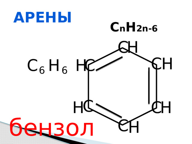 арены С n H 2n-6 H C C H C H H C 6 6 C C H H бензол C H 