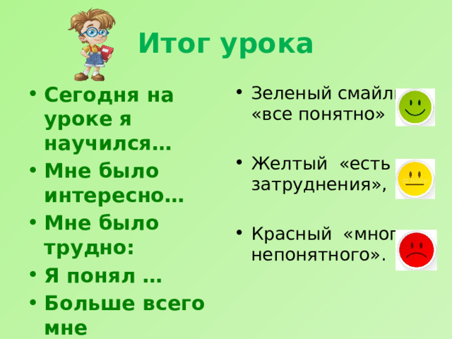 Итог урока Сегодня на уроке я научился… Мне было интересно… Мне было трудно: Я понял … Больше всего мне понравилось… Зеленый смайлик «все понятно» Желтый «есть затруднения», Красный «много непонятного». 