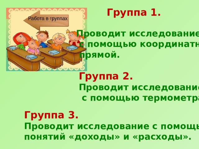 Группа 1. Проводит исследование  с помощью координатной  прямой. Группа 2. Проводит исследование  с помощью термометра. Группа 3. Проводит исследование с помощью понятий «доходы» и «расходы». 