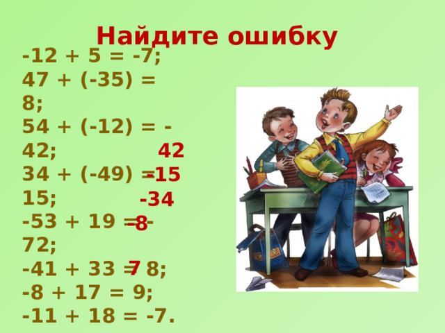 Найдите ошибку -12 + 5 = -7; 47 + (-35) = 8; 54 + (-12) = - 42; 34 + (-49) = 15; -53 + 19 = -72; -41 + 33 = 8; -8 + 17 = 9; -11 + 18 = -7. 42 -15 -34 -8 7 