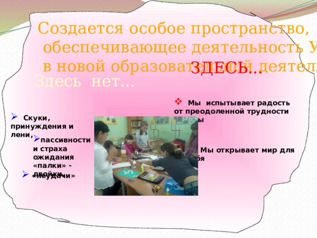Создается особое пространство,  обеспечивающее деятельность Учителя и Ученика  в новой образовательной деятельности ЗДЕСЬ... Здесь нет...  Мы испытывает радость от преодоленной трудности работы  Скуки, принуждения и лени, пассивности и страха ожидания «палки» - двойки,  Мы открывает мир для себя  «неудачи» 