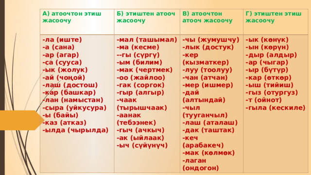 А) атоочтон этиш жасоочу Б) этиштен атооч жасоочу -ла (иште) -а (сана) -мал (ташымал) В) атоочтон атооч жасоочу -ма (кесме) Г) этиштен этиш жасоочу -ар (агар) -чы (жумушчу) -лык (достук) -са (сууса) --гы (сүргү) -ык (көнүк) -ым (билим) -ын (көрүн) -ык (жолук) -кер (кызматкер) -мак (чертмек) -ай (чоңой) -луу (тоолуу) -дыр (алдыр) -оо (жайлоо) -лаш (достош) -ар (чыгар) -чан (атчан) -гак (соргок) -мер (ишмер) -кар (башкар) -ыр (бүтүр) -гыр (алгыр) -кар (өткөр) -дай (алтындай) -лан (намыстан) -ыш (тийиш) -чаак (тырышчаак) -сыра (уйкусура) -чыл (тууганчыл) -ы (байы) -аанак (тебээнек) -лаш (аталаш) -гыз (отургуз) -каз (атказ) -гыч (ачкыч) -т (ойнот) -дак (таштак) -ак (ыйлаак) -гыла (кескиле) -кеч (арабакеч) -ылда (чырылда) -мак (көлмөк) -ыч (сүйүнүч) -лаган (ондогон)            