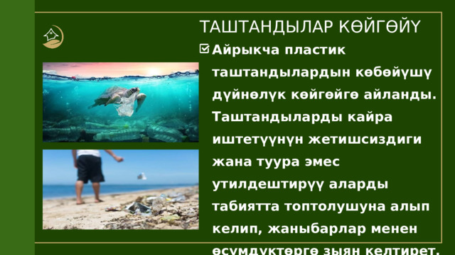 Айрыкча пластик таштандылардын көбөйүшү дүйнөлүк көйгөйгө айланды. Таштандыларды кайра иштетүүнүн жетишсиздиги жана туура эмес утилдештирүү аларды табиятта топтолушуна алып келип, жаныбарлар менен өсүмдүктөргө зыян келтирет. ТАШТАНДЫЛАР КӨЙГӨЙҮ 