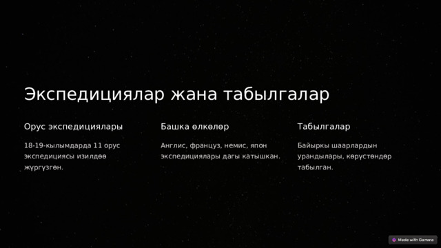 Экспедициялар жана табылгалар Орус экспедициялары Башка өлкөлөр Табылгалар 18-19-кылымдарда 11 орус экспедициясы изилдөө жүргүзгөн. Англис, француз, немис, япон экспедициялары дагы катышкан. Байыркы шаарлардын урандылары, көрүстөндөр табылган.  