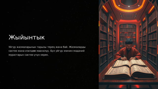 Жыйынтык Уйгур жазмаларынын тарыхы терең жана бай. Жазмаларды сактоо жана изилдөө маанилүү. Бул уйгур элинин маданий мурастарын сактоо үчүн керек.  
