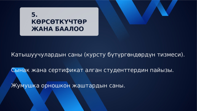 5. КӨРСӨТКҮЧТӨР ЖАНА БААЛОО Катышуучулардын саны (курсту бүтүргөндөрдүн тизмеси). Сынак жана сертификат алган студенттердин пайызы. Жумушка орношкон жаштардын саны. 