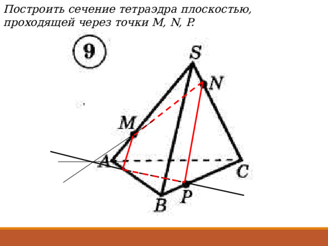 Построить сечение тетраэдра плоскостью, проходящей через точки М, N, P. 