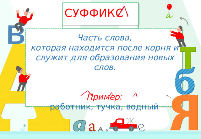 СУФФИКС Часть  слова, которая  находится  после  корня  и  служит для  образования  новых  слов. Пример: работник,  тучка,  водный 