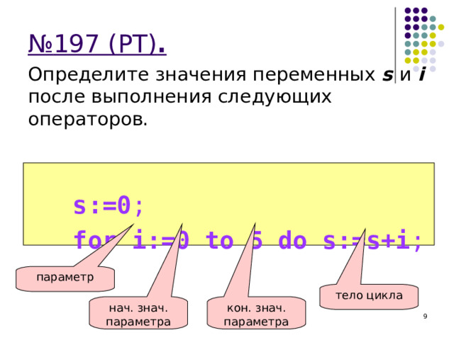 № 197 (РТ) . Определите значения переменных s  и  i после выполнения следующих операторов.  s:=0 ;  for  i:=0 to 5 do s:=s+i ; параметр тело цикла нач. знач. параметра кон. знач. параметра 7 