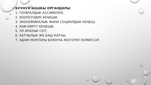 БУУнун башкы органдары:  1. Генералдык Ассамблея;  2. Коопсуздук Кеңеши;  3. Экономикалык жана социалдык Кеңеш;  4. Кам көрүү Кеңеши;  5. Эл аралык Сот;  6. Катчылык же Баш катчы,  7. Адам укуктары боюнча Жогорку комиссар. 