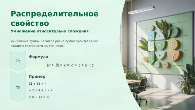  Распределительное свойство Умножение относительно сложения Умножение суммы на число равно сумме произведений каждого слагаемого на это число. Формула Пример (2 + 3) × 4 = 2 × 4 + 3 × 4 = 8 + 12 = 20 