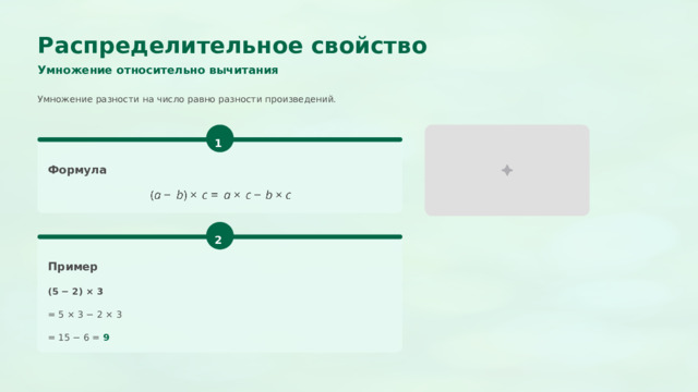  Распределительное свойство Умножение относительно вычитания Умножение разности на число равно разности произведений. 1 Формула 2 Пример (5 − 2) × 3 = 5 × 3 − 2 × 3 = 15 − 6 = 9 