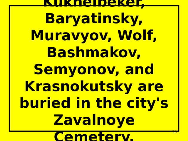 Kukhelbeker, Baryatinsky, Muravyov, Wolf, Bashmakov, Semyonov, and Krasnokutsky are buried in the city's Zavalnoye Cemetery.  