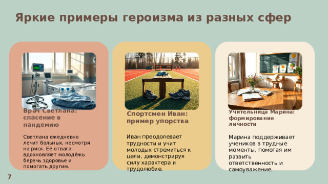  Яркие примеры героизма из разных сфер  Спортсмен Иван: пример упорства Учительница Марина: формирование личности Врач Светлана: спасение в пандемию    Светлана ежедневно лечит больных, несмотря на риск. Её отвага вдохновляет молодёжь беречь здоровье и помогать другим. Иван преодолевает трудности и учит молодых стремиться к цели, демонстрируя силу характера и трудолюбие. Марина поддерживает учеников в трудные моменты, помогая им развить ответственность и самоуважение. 7 