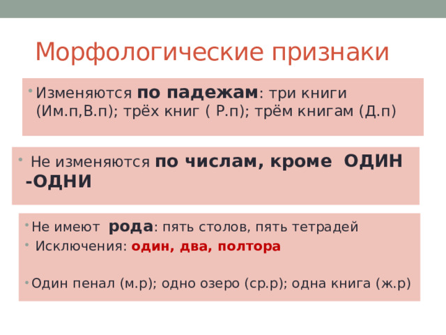  Морфологические признаки Изменяются по падежам : три книги (Им.п,В.п); трёх книг ( Р.п); трём книгам (Д.п)  Не изменяются по числам, кроме ОДИН -ОДНИ Не имеют рода : пять столов, пять тетрадей  Исключения: один, два, полтора Один пенал (м.р); одно озеро (ср.р); одна книга (ж.р) 
