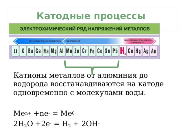 Катодные процессы Катионы металлов от алюминия до водорода восстанавливаются на катоде одновременно с молекулами воды. Ме n+  +ne - = Me 0 2Н 2 О +2е - = Н 2  + 2ОН - 