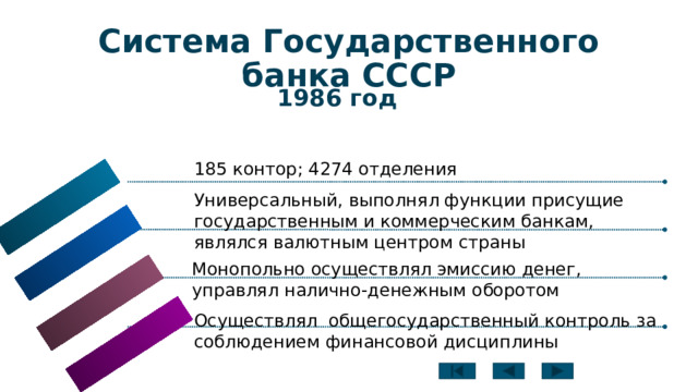 Система Государственного банка СССР 1986 год 1 185 контор; 4274 отделения Универсальный, выполнял функции присущие государственным и коммерческим банкам, являлся валютным центром страны Монопольно осуществлял эмиссию денег, управлял налично-денежным оборотом Осуществлял общегосударственный контроль за соблюдением финансовой дисциплины 